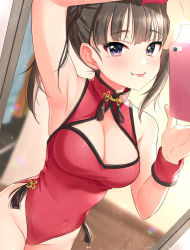 Rule 34 | 1girl, :p, arm up, armpits, bare shoulders, blurry, blurry background, blush, breasts, brown hair, cellphone, chinese clothes, cleavage, cleavage cutout, closed mouth, clothing cutout, commentary request, covered navel, depth of field, dutch angle, holding, holding phone, indoors, leotard, long hair, medium breasts, mole, mole under eye, original, phone, purple eyes, red leotard, smile, solo, standing, tongue, tongue out, tsukana (saba mizore), twintails, wrist cuffs