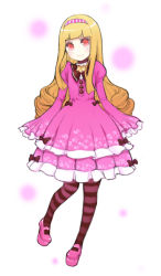 Rule 34 | 1girl, blonde hair, bow, dress, fasces (jeson110), female focus, full body, hairband, hime cut, long hair, mary janes, pantyhose, red eyes, ringlets, shoes, simple background, sleeves past wrists, solo, striped clothes, striped pantyhose, white background