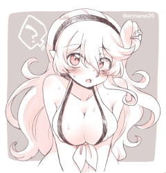 Rule 34 | 1girl, bikini, breasts, cleavage, corrin (female) (fire emblem), corrin (female) (summer) (fire emblem), corrin (fire emblem), eromame, fire emblem, fire emblem fates, fire emblem heroes, flower, grey background, hair flower, hair ornament, hairband, large breasts, long hair, monochrome, nintendo, official alternate costume, open mouth, pointy ears, simple background, solo, swimsuit, twitter username, upper body