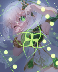 Rule 34 | 1girl, armpits, bare shoulders, bracelet, commentary request, cowboy shot, detached sleeves, dress, finger frame, genshin impact, gold trim, gradient hair, green eyes, green hair, hair between eyes, hair ornament, highres, j4ck, jewelry, long hair, looking at viewer, multicolored hair, nahida (genshin impact), one eye closed, side ponytail, sleeveless, sleeveless dress, solo, star-shaped pupils, star (symbol), symbol-shaped pupils, white dress, white hair