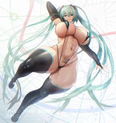 Rule 34 | 1girl, alternate breast size, aqua eyes, aqua hair, boots, breasts, curvy, detached sleeves, hatsune miku, headset, highres, huge breasts, long hair, looking at viewer, navel, one-piece swimsuit, qr code, shiny skin, sinensian, skindentation, slingshot swimsuit, smile, solo, striped clothes, striped one-piece swimsuit, swimsuit, thick thighs, thigh boots, thighhighs, thighs, twintails, very long hair, vocaloid