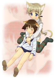 Rule 34 | 2girls, animal ears, blonde hair, blue eyes, braid, breast pillow, brown hair, homing (areya), lynette bishop, miyafuji yoshika, multicolored clothes, multicolored legwear, multiple girls, open mouth, shoes, short hair, single braid, sitting, sleeping, smile, strike witches, striped clothes, striped legwear, striped thighhighs, swimsuit, swimsuit under clothes, tail, thighhighs, wariza, world witches series