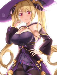 Rule 34 | 1girl, are you 333, azur lane, bat hair ornament, belt, black pantyhose, black ribbon, blonde hair, blush, breasts, cape, cleavage, food-themed hair ornament, gem, hair ornament, hair ribbon, halloween, halloween costume, hat, highres, jack-o&#039;-lantern, jack-o&#039;-lantern hair ornament, large breasts, leotard, long hair, looking at viewer, nelson (azur lane), nelson (luna witch) (azur lane), official alternate costume, pantyhose, potion, pumpkin hair ornament, purple leotard, red eyes, red gemstone, ribbon, smile, solo, taut leotard, thighband pantyhose, twintails, very long hair, witch hat