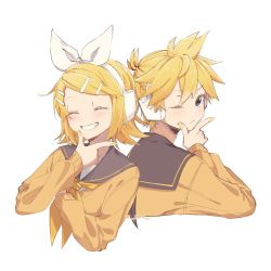 Rule 34 | 1boy, 1girl, back-to-back, black sailor collar, blonde hair, blue eyes, bow, cardigan, closed eyes, commentary, cropped torso, facing viewer, grin, hair bow, hair ornament, hairclip, hand on own chin, headphones, highres, kagamine len, kagamine rin, light frown, looking back, m0ti, nail polish, neckerchief, one eye closed, orange cardigan, sailor collar, short hair, smile, swept bangs, twitter username, upper body, vocaloid, white background, white bow, yellow nails