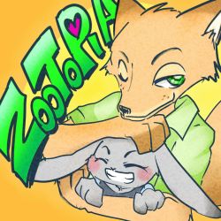 Rule 34 | disney, fox, from below, gradient background, green eyes, grin, hand on another&#039;s head, hug, ichiwaka (meganejon), judy hopps, looking at another, nick wilde, one eye closed, orange background, police, police uniform, rabbit, simple background, smile, standing, uniform, upper body, zootopia