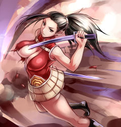 Rule 34 | 10s, 1girl, ass, bare arms, bare legs, black hair, boku no hero academia, boots, breasts, brown eyes, cleavage, cleavage cutout, clothing cutout, dual wielding, hair pulled back, holding, human scabbard, katana, large breasts, long hair, looking at viewer, ponytail, shirt, skirt, solo, sukumo (kemutai), sword, torn clothes, weapon, yaoyorozu momo