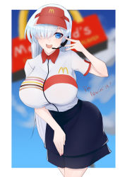 Rule 34 | 1girl, anastasia (fate), black skirt, blue sky, blurry, blurry background, blush, breasts, employee uniform, fate/grand order, fate (series), hair over one eye, hat, headset, highres, large breasts, long hair, looking at viewer, mcdonald&#039;s, open mouth, red hat, sawatarou (roto), shirt, short sleeves, silver hair, skirt, sky, smile, thighs, uniform, very long hair, visor cap, white shirt