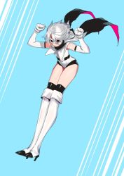 Rule 34 | 1girl, bad id, bad twitter id, boots, bukimi isan, elbow gloves, gloves, grey hair, high heel boots, high heels, leotard, mask, motion lines, official art, short hair, shy (character), shy (series), solo, thigh boots, thighhighs, thighhighs under boots, white thighhighs