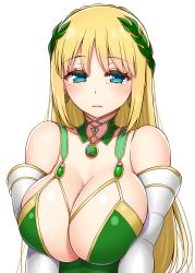 Rule 34 | 1girl, aqua eyes, asamura hiori, bare shoulders, blonde hair, blush, braid, breasts squeezed together, breasts, cleavage, closed mouth, demeter (fate), detached collar, detached sleeves, fate/grand order, fate (series), frown, hair ornament, highres, jewelry, large breasts, leaf hair ornament, long hair, looking at viewer, pendant, simple background, skindentation, solo, tears, upper body, white background