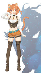 Rule 34 | 1girl, :d, animal ear fluff, animal ears, bare shoulders, bell, belt, belt buckle, bike shorts, black choker, black shorts, black vest, blue belt, blush, boots, breasts, brown eyes, brown footwear, brown hair, brown skirt, brown thighhighs, buckle, cat ears, cat girl, cat tail, choker, cleavage, collarbone, copyright request, crop top, fang, fish hair ornament, full body, hair between eyes, hair ornament, hand up, highres, jingle bell, kani biimu, long sleeves, medium breasts, midriff, navel, off-shoulder shirt, off shoulder, open mouth, pleated skirt, shirt, short shorts, shorts, shorts under skirt, skirt, sleeves past wrists, smile, solo, standing, tail, tail raised, thigh boots, thighhighs, two side up, v-shaped eyebrows, vest, white background, white shirt