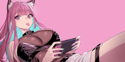 Rule 34 | 1girl, :p, animal ears, aqua hair, breasts, collar, highres, jewelry, joy-con, large breasts, leotard, long hair, looking at viewer, luxsumildo, multicolored hair, necklace, nintendo switch, original, pink eyes, pink hair, see-through, see-through leotard, shorts, tongue, tongue out, two-tone hair