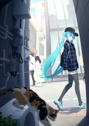 Rule 34 | 1boy, 2girls, absurdres, alley, aqua eyes, aqua hair, aqua nails, backpack, bag, baseball cap, black headwear, black thighhighs, blue jacket, building, calico, cat, commentary, day, faceless, faceless male, glass wall, hat, hatsune miku, highres, industrial pipe, jacket, kinosuke (pattaba), long hair, multiple girls, nail polish, plaid, plaid jacket, road, shoes, sneakers, solo focus, street, thighhighs, twintails, urban, ventilation shaft, very long hair, vocaloid, walking