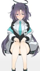 Rule 34 | 1girl, akinashi yuu, bare legs, black suit, blue archive, blue necktie, blush, feet out of frame, formal, grey background, halo, hands on lap, id card, invisible chair, jacket, jacket partially removed, long hair, long sleeves, looking at viewer, necktie, off shoulder, parted lips, purple eyes, purple hair, shirt, sidelocks, simple background, sitting, solo, suit, two-sided fabric, two-sided jacket, two side up, white jacket, white shirt, yuuka (blue archive)