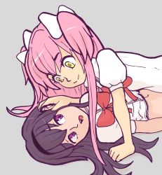 Rule 34 | 10s, 2girls, akemi homura, akuma homura, black hair, bow, caffeccino, clothes lift, crazy eyes, eye contact, grey background, hair bow, hairband, hand on another&#039;s cheek, hand on another&#039;s face, highres, kaname madoka, long hair, looking at another, lying, mahou shoujo madoka magica, mahou shoujo madoka magica: hangyaku no monogatari, multiple girls, navel, on back, pink hair, purple eyes, school uniform, shirt lift, simple background, smile, spoilers, two side up, ultimate madoka, yellow eyes, you gonna get raped, yuri