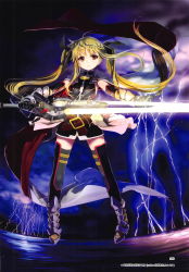 Rule 34 | 1girl, armored boots, black dress, black gloves, black ribbon, black thighhighs, blonde hair, boots, cape, closed mouth, detached sleeves, dress, fate testarossa, floating hair, gloves, hair ribbon, highres, holding, holding sword, holding weapon, long hair, long sleeves, looking at viewer, lyrical nanoha, mahou shoujo lyrical nanoha, mikazuki akira!, red eyes, ribbon, short dress, sleeveless, sleeveless dress, solo, standing, sword, thighhighs, twintails, very long hair, weapon, zettai ryouiki
