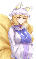 Rule 34 | 1girl, absurdres, animal ears, animal hat, blonde hair, blue tabard, blush, breasts, closed mouth, commentary request, dress, expressionless, fox ears, fox tail, hair between eyes, hands in opposite sleeves, hat, highres, kitsune, kyuubi, large breasts, long sleeves, looking to the side, mob cap, multiple tails, ofuda, short hair, simple background, solo, standing, tabard, tail, tassel, touhou, upper body, wang jian guo, white background, white dress, yakumo ran, yellow eyes