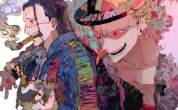 Rule 34 | 2boys, absurdres, alternate costume, arm around shoulder, black hair, black headwear, blonde hair, cigar, coat, coat on shoulders, crocodile (one piece), donquixote doflamingo, ear piercing, earrings, from side, fur coat, hair slicked back, hair strand, hat, highres, hook, hook hand, jewelry, long sleeves, male focus, multiple boys, official alternate costume, one piece, open clothes, open mouth, open shirt, patterned, patterned clothing, piercing, pink coat, red eyewear, rotated, short hair, smile, smoke, smoking, sunglasses, tongue, tongue out, tongue piercing, yadu nadu