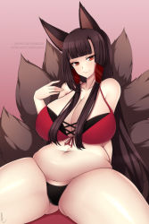 Rule 34 | 1girl, akagi (azur lane), animal ears, azur lane, belly, bikini, breasts, brown hair, cleavage, closed mouth, commission, curvy, fox ears, fox tail, hair over breasts, large breasts, lindaroze, long hair, looking at viewer, multiple tails, navel, pinup (style), plump, red eyes, sitting, smile, solo, stomach, swimsuit, tail, thick thighs, thighs, underwear, watermark, web address