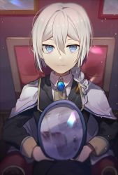 Rule 34 | 1boy, ascot, black jacket, black pants, blue eyes, blurry, braid, cape, chair, closed mouth, collared shirt, commentary, depth of field, gem, grey hair, hair between eyes, hair ornament, highres, holding, holding mirror, huyuharu0214, indoors, jacket, long sleeves, looking at viewer, male focus, mirror, mirror image, original, pants, shirt, single braid, sitting, smile, solo, white cape, white shirt