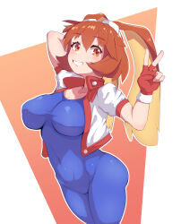 Rule 34 | 1girl, arm behind head, bodysuit, breasts, brown eyes, brown hair, cleavage, covered navel, fingerless gloves, gloves, goggles, goggles on head, grin, highres, jacket, large breasts, legs, looking at viewer, makihara arina, open clothes, open jacket, rabbit ears, rabbit girl, short hair, smile, solo, spandex, thighs, toned, v, waku waku 7