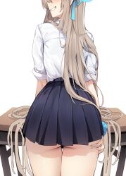 Rule 34 | 1girl, ass, asuna (blue archive), blonde hair, blue archive, blue ribbon, blush, ddangbi, desk, from behind, grin, hair ribbon, hand on own thigh, head out of frame, highres, long hair, miniskirt, pleated skirt, ribbon, school desk, school uniform, scrunchie, shirt, shirt tucked in, simple background, skirt, sleeves rolled up, smile, solo, thigh gap, very long hair, white background, white shirt, wrist scrunchie