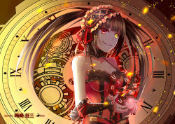 Rule 34 | 10s, 1girl, bare shoulders, black hair, character name, clockwork, collar, corset, cross-laced clothes, date a live, detached collar, dress, frilled collar, frills, gears, gothic lolita, hairband, heterochromia, highres, lolita fashion, lolita hairband, long hair, red dress, red eyes, red ribbon, rhode, ribbon, roman numeral, sleeveless, sleeveless dress, smile, solo, tokisaki kurumi, twintails, wrist cuffs, yellow eyes