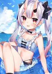 Rule 34 | 1girl, absurdres, bad id, bad pixiv id, bikini, bikini skirt, blue bikini, blush, bow, bowtie, breasts, detached collar, earrings, fang, frilled bikini, frilled straps, frills, gradient hair, hair ribbon, heart, heart earrings, highres, hololive, horns, huge filesize, innertube, jewelry, long hair, looking at viewer, multicolored hair, nakiri ayame, nakiri ayame (hololive summer 2019), noi mine, oni, open mouth, red eyes, red hair, ribbon, silver hair, skin-covered horns, skin fang, small breasts, smile, solo, streaked hair, swim ring, swimsuit, twintails, virtual youtuber