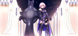 Rule 34 | 1girl, armor, armored boots, bare shoulders, belt, boots, clenched teeth, couter, fate/grand order, fate (series), gauntlets, highres, light purple hair, looking at viewer, mash kyrielight, night, purple eyes, sheath, sheathed, shield, short hair, solo, standing, sukage, sword, teeth, wall, weapon