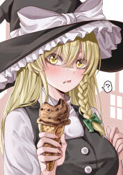 Rule 34 | 1girl, ?, absurdres, black hat, black jacket, blonde hair, bow, braid, breasts, food, food on face, green bow, hat, highres, holding, holding food, holding ice cream, ice cream, ice cream cone, jacket, kirisame marisa, large bow, large hat, mahoro (minase mahoro), medium breasts, open mouth, shirt, single braid, solo, spoken question mark, touhou, white bow, white shirt, witch hat, yellow eyes