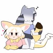 Rule 34 | 2girls, animal ear fluff, animal ears, animated, black eyes, black hair, blonde hair, blush, bow, bowtie, commentary request, common raccoon (kemono friends), extra ears, fennec (kemono friends), fluffy, fox ears, fox tail, grey hair, heart, kemono friends, lying, multicolored hair, multiple girls, musical note, on stomach, pleated skirt, raccoon ears, raccoon tail, simple background, skirt, smirk, straddling, striped tail, tail, taro (tontaro), translation request, tsurime, two-tone hair, video, white background, white hair, yuri