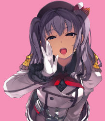 Rule 34 | 1girl, absurdres, blue eyes, breasts, epaulettes, frilled sleeves, frills, gloves, hair between eyes, half-closed eyes, hat, highres, jacket, kantai collection, kashima (kancolle), large breasts, leaning forward, looking at viewer, mil (xration), military jacket, open mouth, oral invitation, pink background, pleated skirt, purple hair, skirt, solo, tongue, white gloves, white jacket