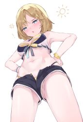 Rule 34 | 1girl, absurdres, anger vein, armpits, bikini, blonde hair, blue eyes, blush, breasts, from below, hair ornament, hands on own hips, highres, hololive, hololive english, hololive summer 2023 swimsuit, looking at viewer, looking down, medium breasts, midriff, namiorii, navel, open mouth, parted bangs, short hair, short shorts, shorts, simple background, solo, striped bikini, striped clothes, swimsuit, vertical-striped bikini, vertical-striped clothes, virtual youtuber, watson amelia, white background