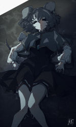 Rule 34 | 1girl, animal ears, black dress, black eyes, blank eyes, capelet, dress, grey background, grey capelet, grey hair, grey skirt, hair between eyes, highres, layered clothes, long sleeves, lying, mouse ears, mouse girl, mouse tail, nazrin, on back, shirt, short hair, skirt, sokura (mochichitose), solo, tagme, tail, touhou, white shirt, white sleeves