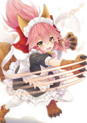 Rule 34 | 1girl, absurdres, alternate costume, animal ears, animal hands, apron, bell, breasts, collar, enmaided, fate/grand order, fate (series), fox ears, fox tail, hair ribbon, highres, hyouta (yoneya), large breasts, long hair, looking at viewer, maid, maid apron, maid headdress, neck bell, open mouth, pink hair, ribbon, simple background, solo, tail, tamamo (fate), tamamo cat (fate), tamamo cat (second ascension) (fate), tamamo no mae (fate/extra), white background, yellow eyes