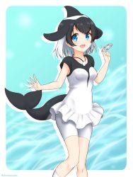 Rule 34 | 1girl, :d, bike shorts, black hair, blue eyes, cetacean tail, commentary, commerson&#039;s dolphin (kemono friends), dress, feet out of frame, fins, fish tail, hand up, highres, hoop, jewelry, kemono friends, looking at viewer, multicolored hair, open mouth, pendant, shiraha maru, short hair, sleeveless, sleeveless dress, smile, solo, tail, two-tone hair, waving, white hair