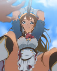 Rule 34 | 1girl, 1other, armor, bad end, blue eyes, blue sky, blue sleeves, boots, bow, breasts, buttons, cleavage cutout, closed mouth, clothing cutout, cloud, collared dress, day, death, double-breasted, dress, girl on top, gloves, hand up, highres, icehotmilktea, incoming attack, knee boots, murder, orange hair, out-of-frame censoring, out of frame, pecorine (princess connect!), pov, princess connect!, puffy short sleeves, puffy sleeves, shaded face, short sleeves, shoulder armor, skirt, sky, smile, solo focus, split mouth, sunlight, sword, thighs, violence, weapon, white dress