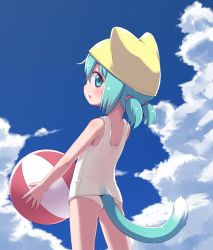 Rule 34 | 1girl, absurdres, animal ears, ass, ball, beachball, cat ears, cat girl, cat tail, cloud, from behind, green eyes, green hair, highres, looking back, one-piece swimsuit, original, outdoors, school swimsuit, short hair, short twintails, sky, solo, swim cap, swimsuit, tail, thighs, twintails, ueno musashi, yellow headwear
