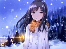 Rule 34 | 1girl, bad id, bad pixiv id, black hair, highres, jacket, lens flare, outdoors, plaid, plaid scarf, scarf, sky, snow, solo, tan (tangent)