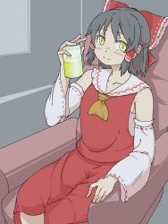 Rule 34 | 1girl, bad id, bad nicoseiga id, beer can, black hair, blush, can, chair, cookie (touhou), couch, detached sleeves, drink can, hair tubes, hakurei reimu, ribbon, ribbon trim, sagami (cookie), sananana (cookie), short hair, sitting, solo, touhou, yellow eyes