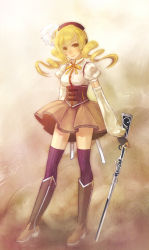 Rule 34 | 10s, 1girl, beret, blonde hair, boots, detached sleeves, drill hair, fingerless gloves, gloves, gun, hair ornament, hat, highres, ladybird8n, magical girl, magical musket, mahou shoujo madoka magica, mahou shoujo madoka magica (anime), solo, striped clothes, striped thighhighs, thighhighs, tomoe mami, twin drills, vertical-striped clothes, vertical-striped thighhighs, weapon, yellow eyes