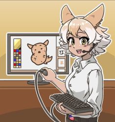 Rule 34 | 1girl, acesrulez, alternate costume, american flag, belt, blush, brown pants, buttons, collared shirt, commentary, computer, coyopotato, coyote (kemono friends), wolf ears, extra ears, kemono friends, kemono friends v project, keyboard (computer), light brown hair, long sleeves, looking at viewer, microphone, mouse (computer), multicolored hair, open mouth, pants, shirt, short hair, smile, solo, two-tone hair, virtual youtuber, white hair, white shirt, yellow eyes