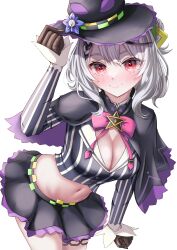 Rule 34 | 1girl, absurdres, black gloves, black hair, black hat, black shirt, black skirt, blush, braid, braided bangs, breasts, capelet, cleavage, cosplay, cropped shirt, gloves, grey hair, hair bun, hat, highres, hololive, large breasts, looking at viewer, medium hair, midriff, miniskirt, mitsu 3 33, multicolored hair, murasaki shion, murasaki shion (1st costume), murasaki shion (cosplay), navel, purple capelet, red eyes, sakamata chloe, shirt, single braid, single hair bun, skirt, smile, solo, streaked hair, striped clothes, striped shirt, vertical-striped clothes, vertical-striped shirt, virtual youtuber, weapon, witch hat