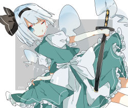 Rule 34 | 1girl, ;o, back, black hairband, bob cut, bow, dutch angle, ghost, green eyes, green skirt, green vest, hairband, highres, hitodama, holding, holding sword, holding weapon, konpaku youmu, konpaku youmu (ghost), looking at viewer, looking back, nishiki1225, one eye closed, open mouth, puffy short sleeves, puffy sleeves, scabbard, sheath, shining, shirt, short hair, short sleeves, signature, simple background, skirt, solo, sword, touhou, vest, wakizashi, weapon, white background, white bow, white hair, white shirt