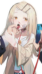 Rule 34 | 1boy, 1girl, :o, animal collar, bandaid, bandaid on face, bandaid on forehead, blood, blood on face, blush, bruise on arm, camisole, collar, earrings, gakuen idolmaster, gauze on cheek, highres, holding, holding phone, idolmaster, jewelry, leash, light brown hair, long hair, looking at phone, nosebleed, orange eyes, out of frame, phone, pov, pov hands, producer (idolmaster), robe, shinosawa hiro, simple background, solo focus, stud earrings, tongue, tongue out, viewer holding leash, white background, white camisole, wiersa