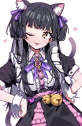 Rule 34 | 1girl, animal ears, black dress, black hair, cat ears, cat tail, closed mouth, cowboy shot, dress, frilled dress, frills, heart, highres, idolmaster, idolmaster shiny colors, looking at viewer, mayuzumi fuyuko, morumoru x, one eye closed, orange eyes, short sleeves, simple background, solo, tail, tongue, tongue out, white background