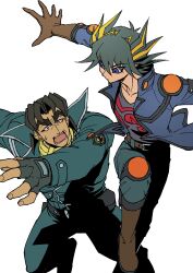 Rule 34 | 2boys, absurdres, arm up, ascot, belt, belt buckle, black gloves, black hair, black shirt, blue eyes, blue jacket, boots, brown eyes, brown footwear, brown gloves, buckle, chasing, expressionless, fingerless gloves, fleeing, fudo yusei, gloves, green jacket, high collar, highres, jacket, knee boots, knee pads, leather belt, long sleeves, looking back, male focus, multicolored hair, multiple boys, open clothes, open jacket, open mouth, pants, police, police uniform, reaching, reaching towards another, running, shirt, short hair, shoulder pads, shouting, simple background, spiked hair, streaked hair, sweatdrop, uniform, ushio tetsu, v-neck, white background, yellow ascot, youko-shima, yu-gi-oh!, yu-gi-oh! 5d&#039;s
