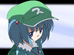 Rule 34 | 1girl, anime coloring, backpack, bag, blue eyes, blue hair, blurry, blurry background, closed mouth, collared shirt, commentary request, dot mouth, eyebrows hidden by hair, from side, green bag, green hat, hair between eyes, hair bobbles, hair ornament, hat, kawashiro nitori, letterboxed, light frown, looking ahead, oka (bananashoe), outside border, sad, shirt, solo, touhou, two side up, upper body