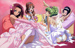 Rule 34 | 00s, 4girls, absurdres, armpits, arms up, ass, bare shoulders, black hair, blue eyes, bouquet, bridal veil, bride, brown hair, butt crack, c.c., code geass, couch, detexted, dress, earrings, elbow gloves, eyeliner, eyeshadow, flower, frilled pillow, frills, gloves, green eyes, green hair, hair flower, hair ornament, high heels, highres, jewelry, kouzuki kallen, lipstick, long hair, long legs, looking at viewer, makeup, megami magazine, multiple girls, no panties, no pussy, non-web source, official art, one eye closed, open mouth, panties, pillow, red hair, shirley fenette, shoes, short hair, sitting, smile, sumeragi kaguya, tabata hisayuki, thighhighs, third-party edit, tiara, underwear, veil, wedding dress, white panties, white thighhighs, wink, yellow eyes