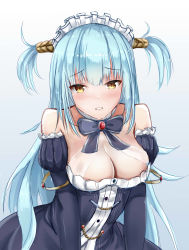 Rule 34 | 1girl, aqua hair, azur lane, bare shoulders, blue background, blush, bow, breasts, cleavage, detached collar, dress, eric (pixiv9123557), gradient background, highres, large breasts, long hair, looking at viewer, maid headdress, neptune (azur lane), ribbon, short twintails, solo, tareme, twintails, two side up, upper body, yellow eyes