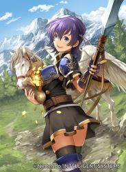 Rule 34 | 1girl, armor, belt, black thighhighs, blue eyes, blue sky, breastplate, breasts, cloud, cloudy sky, company connection, copyright name, day, dress, farina (fire emblem), feathered wings, fingerless gloves, fire emblem, fire emblem: the blazing blade, fire emblem cipher, gloves, gold, holding, holding weapon, i-la, looking at viewer, medium breasts, mountain, nintendo, official art, open mouth, outdoors, pegasus, polearm, purple hair, short dress, short hair, short sleeves, shoulder armor, shoulder pads, single glove, sky, smile, solo, spear, thighhighs, weapon, wings, zettai ryouiki